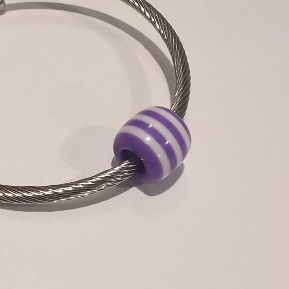 Purple and White Striped Charm‎ for Pandora Style Bracelet - Picture 4 of 4